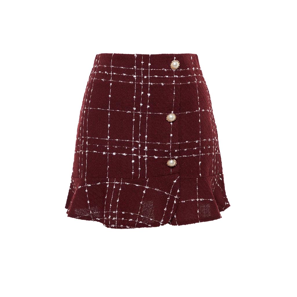 Burgundy Buttoned Tweed Fabric Mini Woven Skirt With Flounce Hem Twoaw22et0155