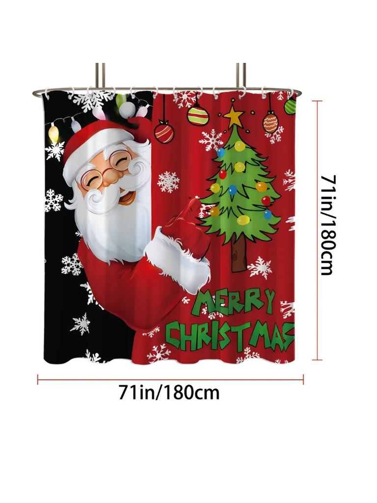 1pc Santa Claus Holiday Print Waterproof Shower Curtain Bathtub Partition Curtain with 12 Hooks Privacy Protection Easy Instal