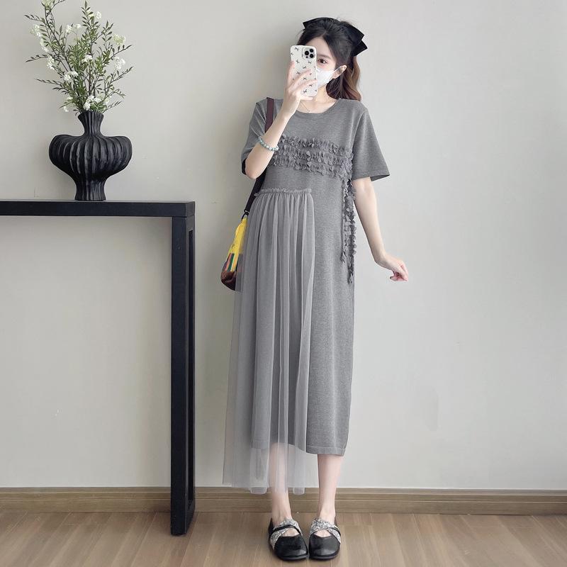 

Summer Gray Knit Maternity Dress: Korean Loose Fit with Round Neck and Mesh Splicing 2XL сірий колір