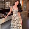 Polyester French Polka Dot Dress For Summer Beach Vacation With Short Princess Sleeves And Slim Fit