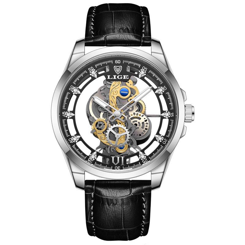 LIGE Men's Skeleton Quartz Watch: Transparent, New Concept, Business, Waterproof.