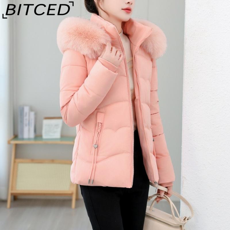 BITCED Winter Cotton Coat Slim-Fit Women's Short-Length Wool-Fur Collar Cotton Jacket Warm Cold-Resistant Cotton Coat