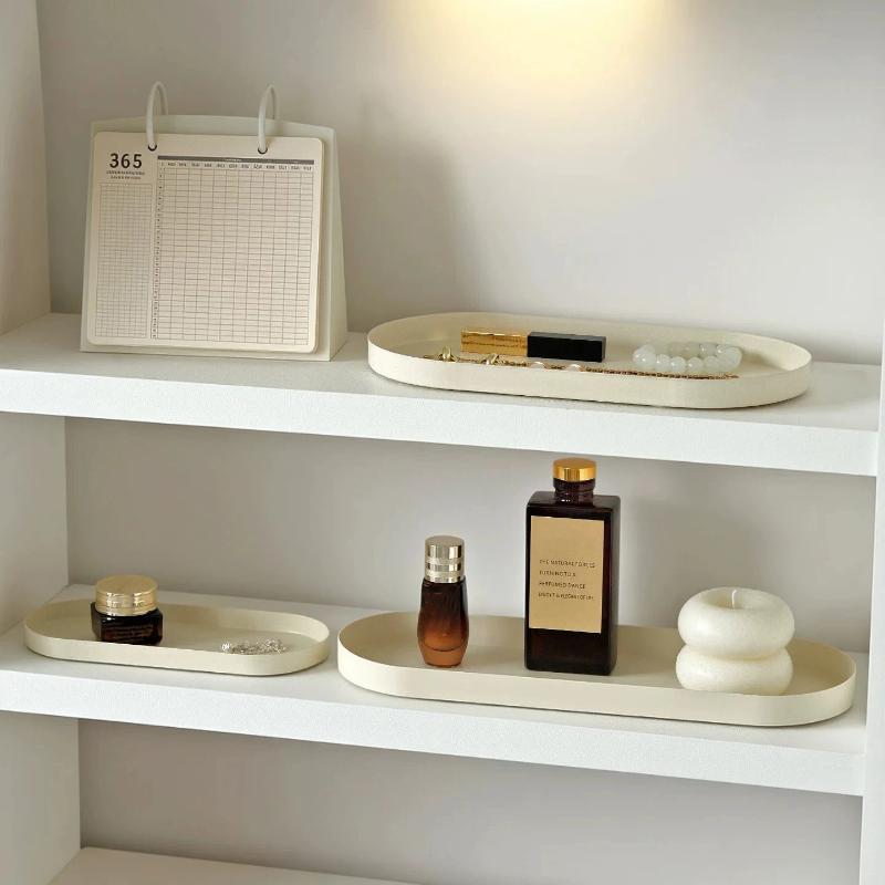 Oval Long Metal Storage Tray Matte Cream Decorative Organizer Plate for Bathroom Vanity Jewelry Cosmetic Holder