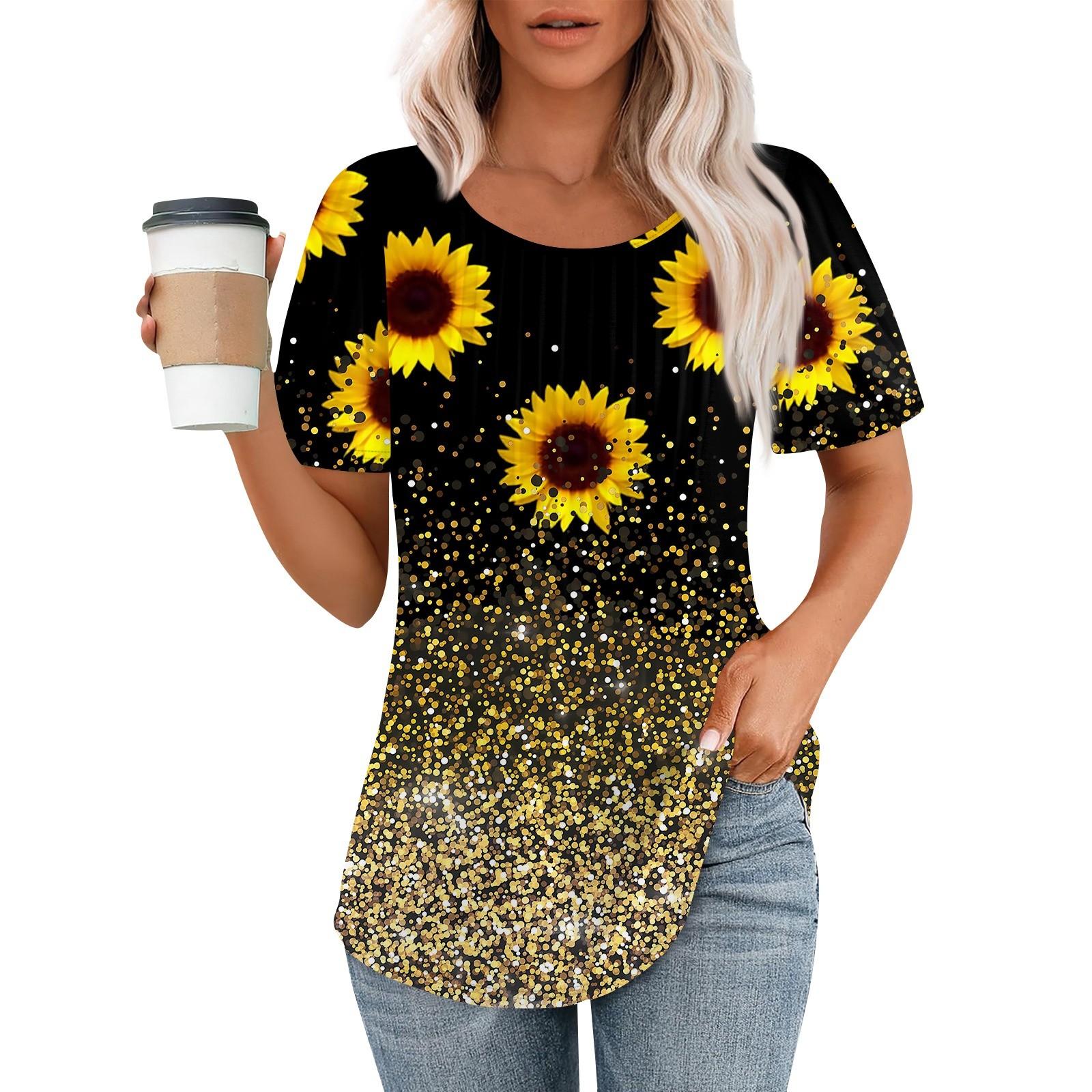 

Женская летняя модная повседневная плиссированная футболка с коротким рукавом и круглым вырезом с принтом Топ XL золотой