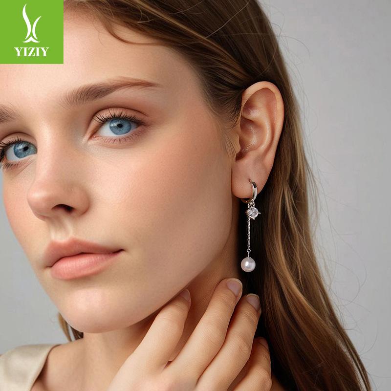 S925 Sterling Silver Bead Fringed Ear Buckle Smart Shining Long Face Small Earrings Earrings