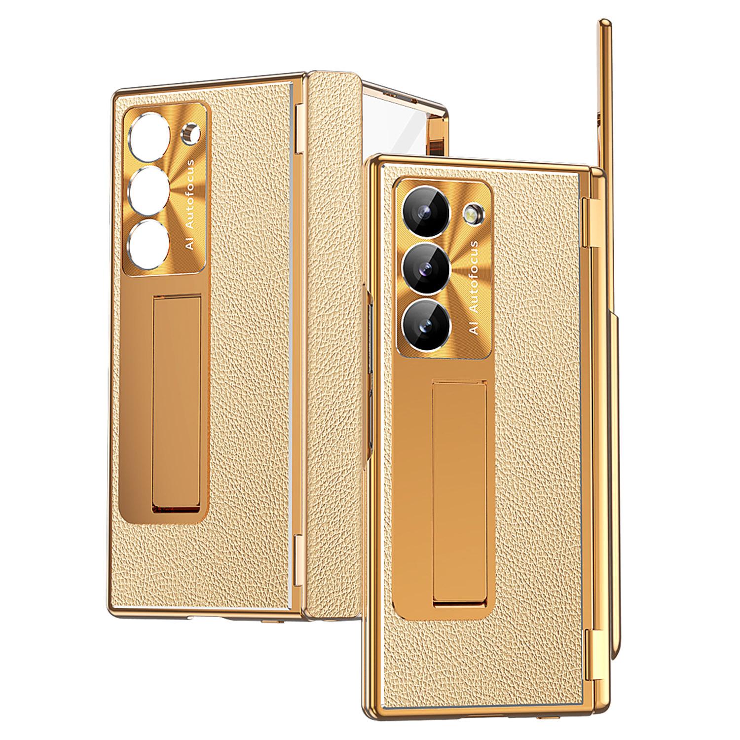 

For Samsung Galaxy Z Fold6 5G PU Leather+Aluminum Alloy Kickstand Cover Folding Phone Case with Pen/Pen Slot Gold