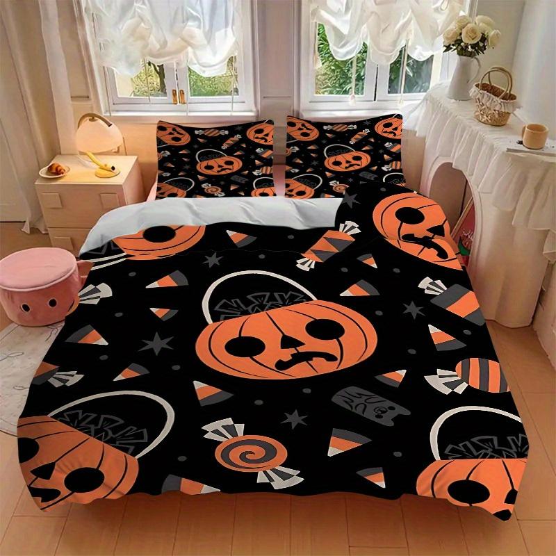 3Pcs Pumpkin, Halloween Printed Bedding Set, Breathable And Soft, Machine Washable, Christmas Gift, Suitable for Bedroom Decoration, 15144