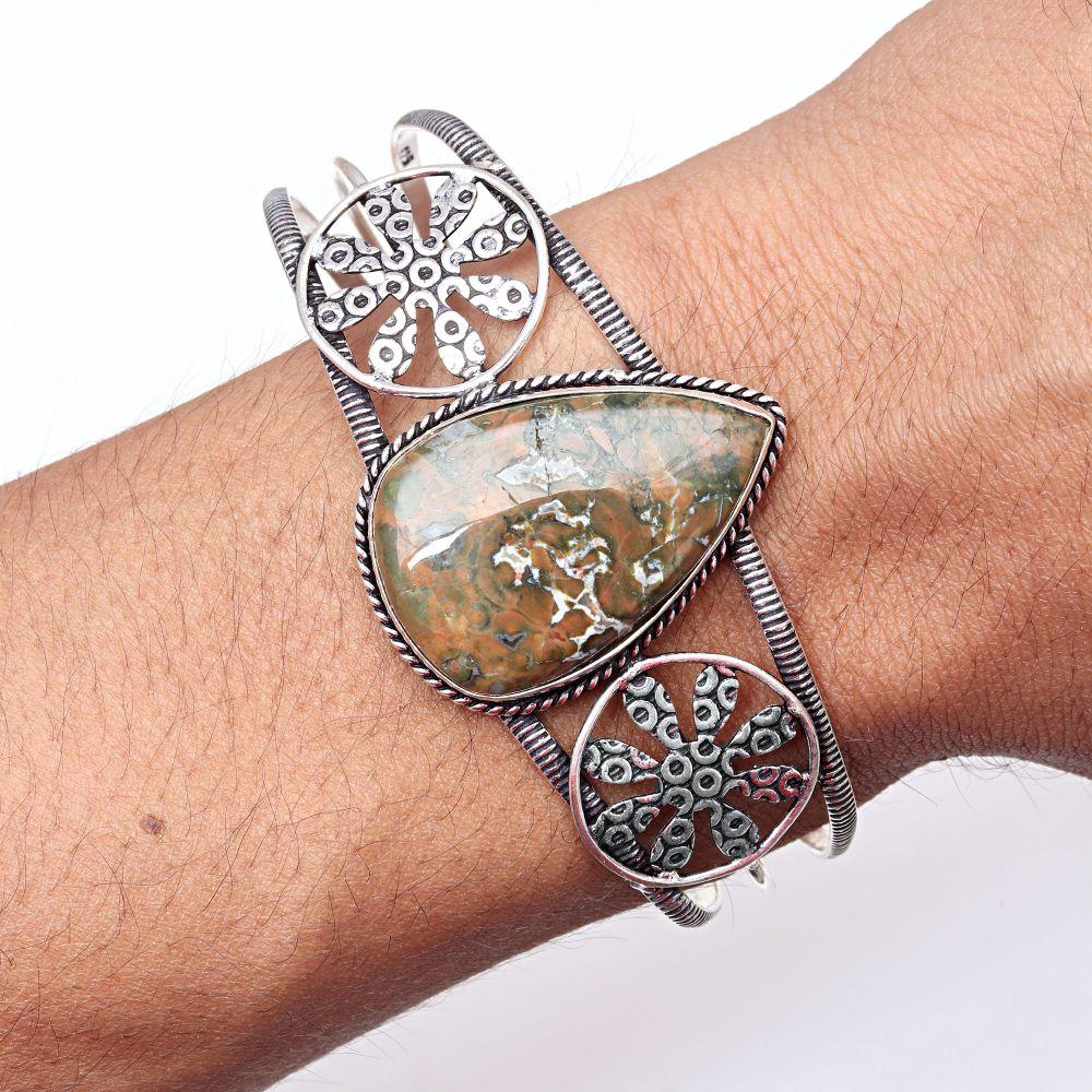 Rainforest Jasper Gemstone Handmade Silver Jewelry Cuff Bracelets 7''Adjustable