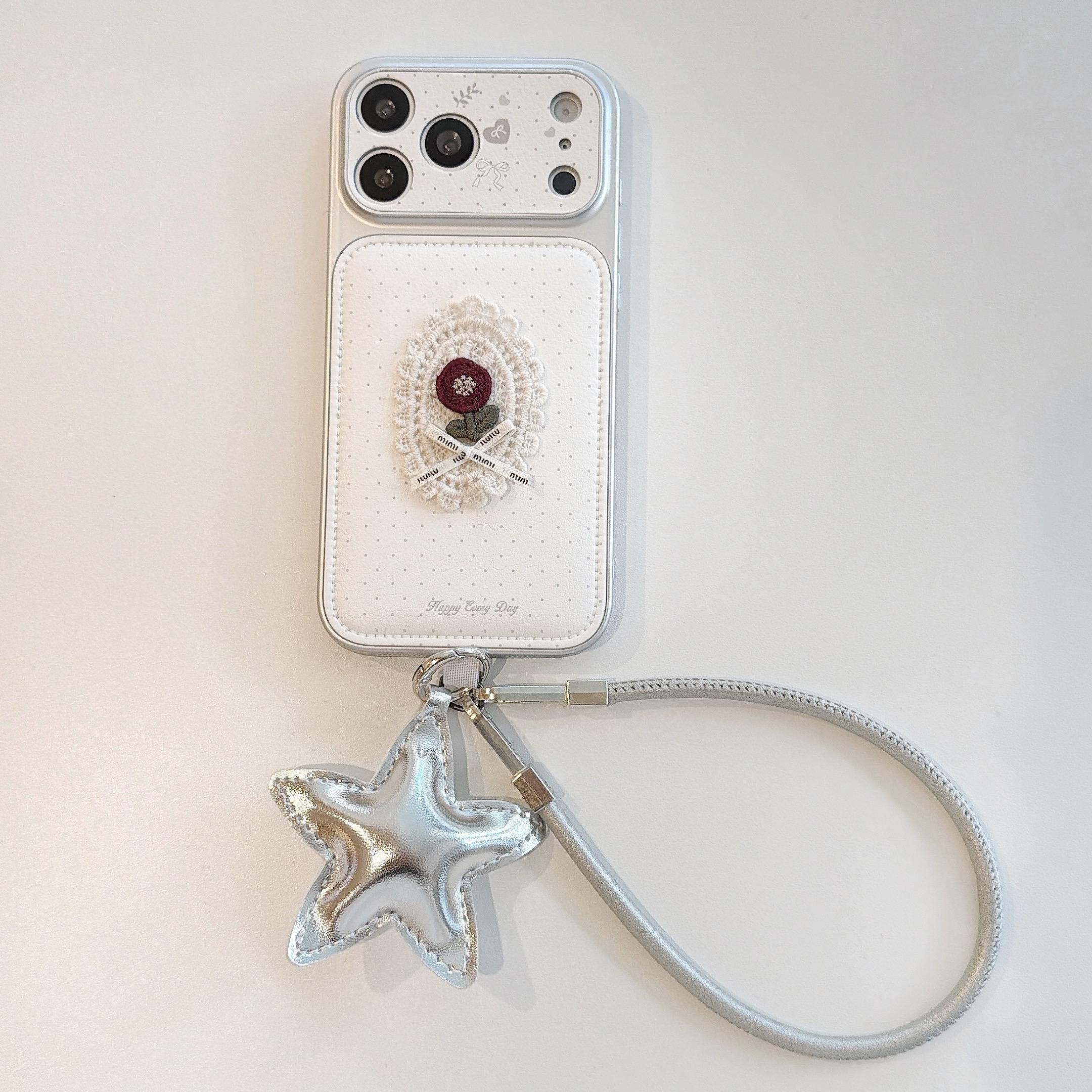 

White Leather Red Flower and Lace Bow Decoration with Wrist Lanyard Phone Cover Case for IPhone 17 16 15 14 13 Pro Max Plus iPhone 15 Plus білий