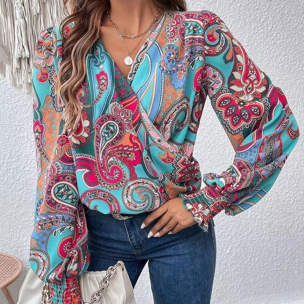 Elegant Women's V-Neck Lantern Sleeve Solid Color Shirt
