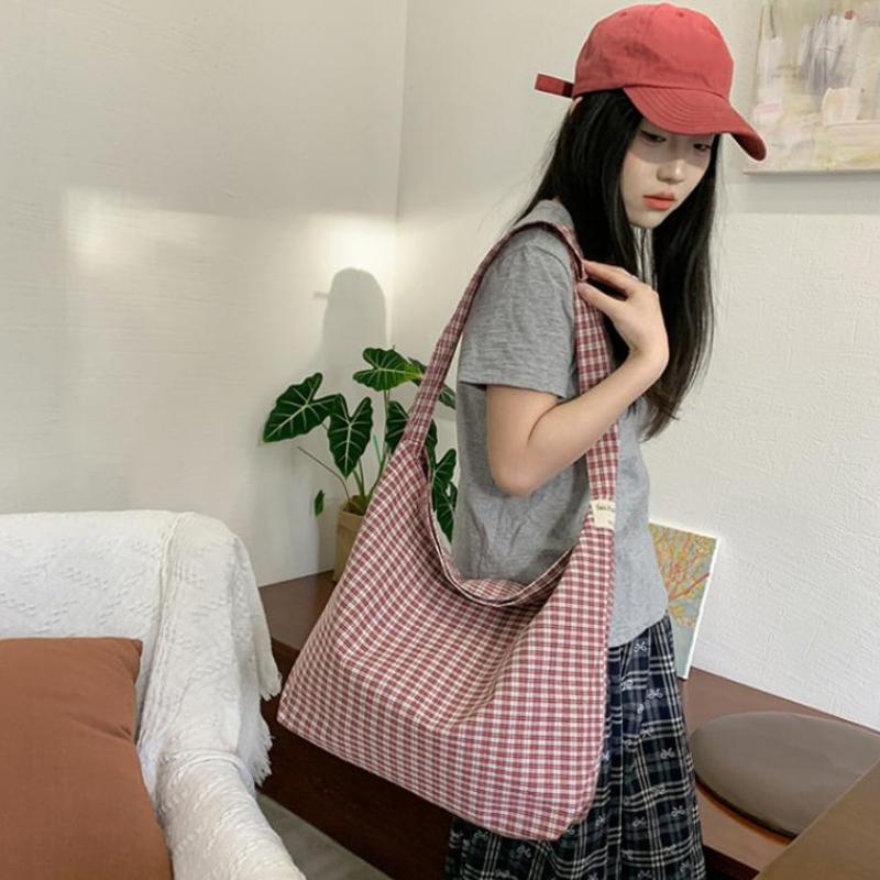 Plaid Canvas Shoulder Tote Bag Large Capacity Soft Fabric Perfect For Daily Commuting School Shopping