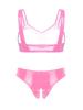 Womens Patent Leather Lingerie Set Wide Strap Open Cup Bra Matching Crotchless Briefs Bold Clubwear