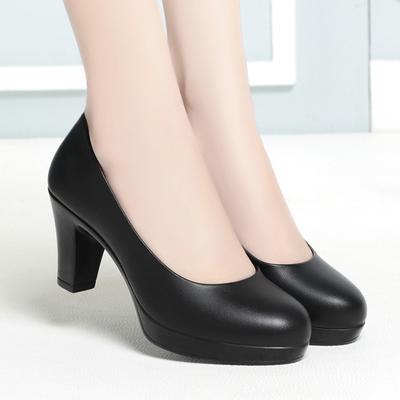 New High Heels Women's Waterproof Platform Coarse Heel Round Head Single Shoes Black Work Shoes Women's Leather Shoes