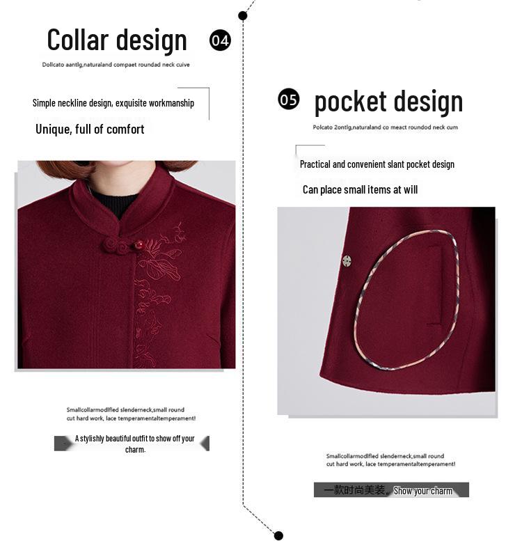 Mom's Embroidered Cashmere Coat for Women - Fashionable Autumn/Winter Wool Overcoat for Middle-Aged and Elderly Ladies