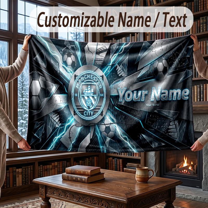 Custom Name Flannel Throw Blanket Manchester City Pattern Warm Home Decoration