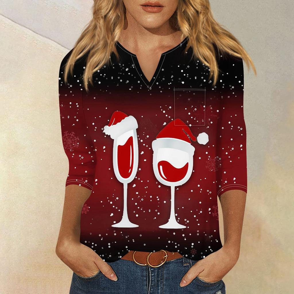 Seven Inch Sleeve Women's Top Printed Retro Fashion Casual Loose V-neck Shirt Christmas