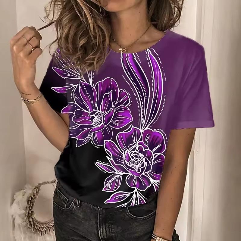 Fashion 3D Flower Print T Shirt Woman Crew Neck Short Sleeve Tops Female Loose T-shirts Oversized Y2k Clothing for Girls Tees