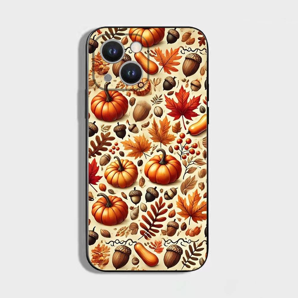 Autumn Leaves Pumpkin Phone Case For iPhone 16,15,14,13,12,11 Plus,Pro Max,XS,X,XR,SE,Mini,8,7,Soft Silicone Black Cover