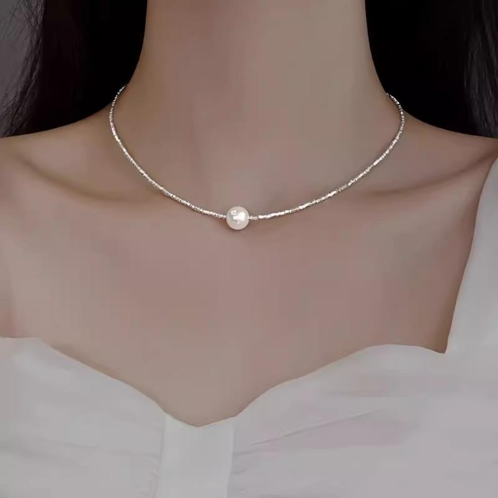 S925 Silver Plated Pearl Necklace Women Luxury Minimalist Jewelry Set with Broken Silver Bracelet Elegant Collarbone Chain