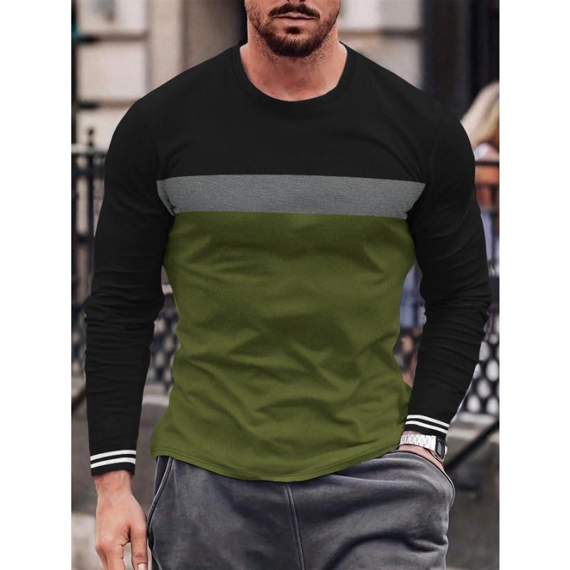 Men S Long Sleeve T Shirt Loose Fit Color Block Round Neck Casual Top