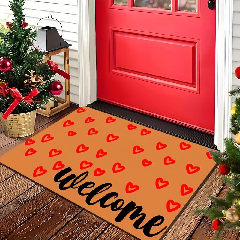 Orange Background Red Heart Welcome Script Non Slip Front Doormat Holiday Valentine Home Porch Mat