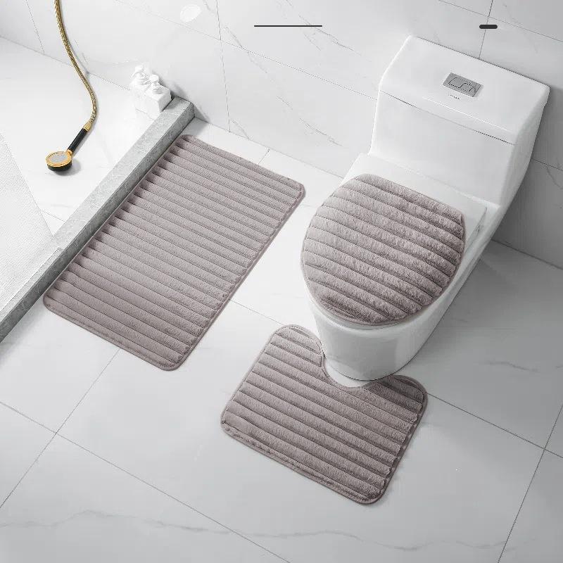 3Pcs Minimalist Style Plush Bathroom Floor Mat Set Non-slip Soft Doormat Water Absorbent for Bath Entry