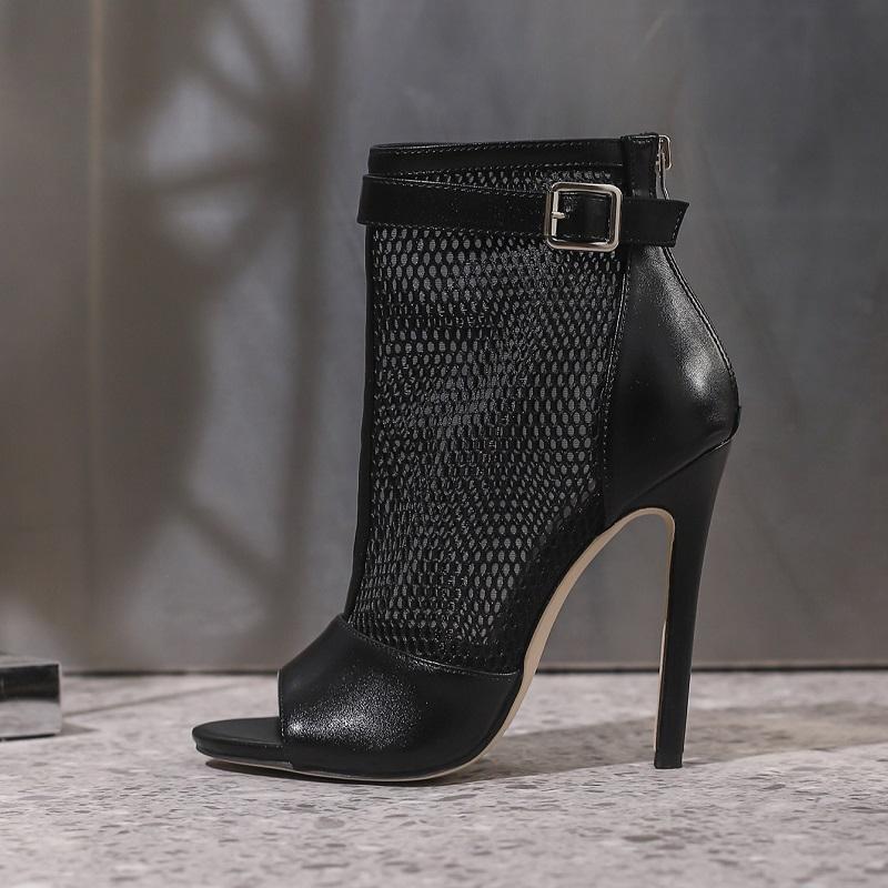 Eiyken Design Preto Peep Toe Vazado Malha Botas de Cano Curto Sandálias Feminina Sexy Finos Saltos Altos Striptease Zíper Sapatos
