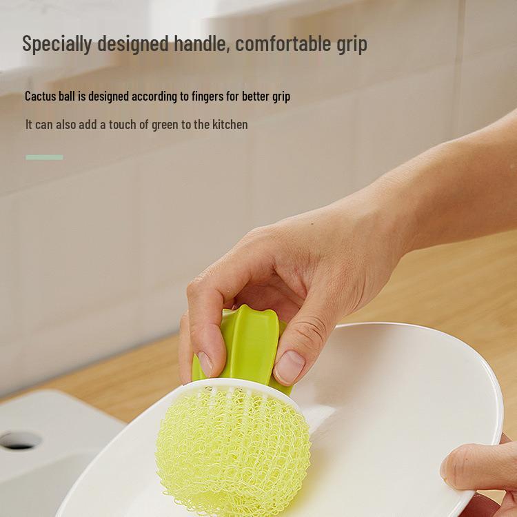 Nano Steel Wire Cactus Cleaning Brush: Kitchen, Pot, Dish, Basin Scrubbing Tool with Handle
