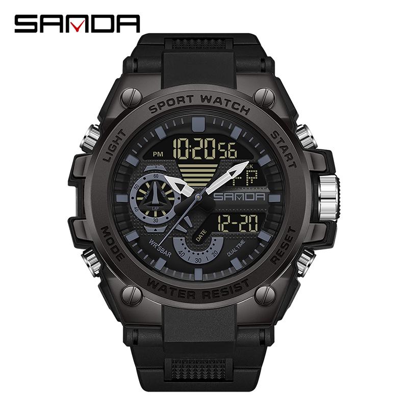 SANDA Luxury LED Dual Display Digital Quartz Watch for Men Shockproof Waterproof Sports Wristwatches Student Watch