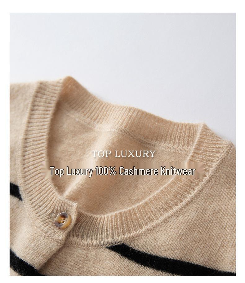 Women's 100% Pure Cashmere Striped Cardigan with Pockets and Buttons, Round Neck Sweater Outerwear