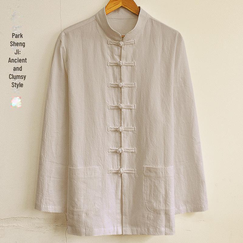 Park Shengji Men's Chinese Style Linen Shirt - Retro Tang Suit for Spring and Autumn