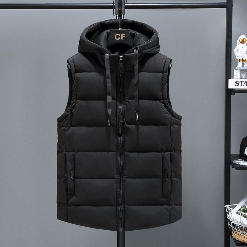 

New boys vest down cotton vest wear men s sports cotton vest removable hat stand-up collar vest thick L чорний