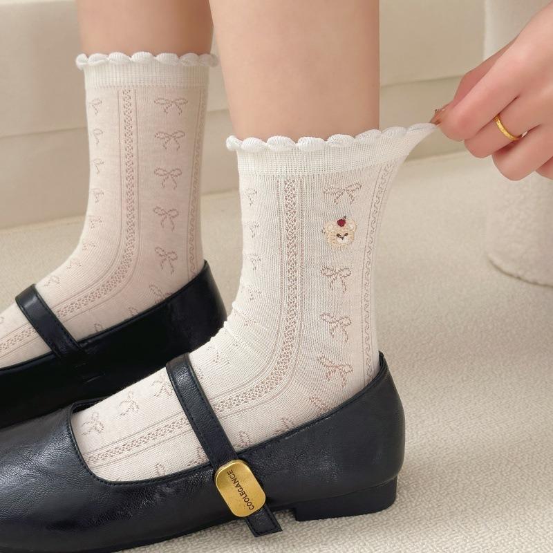 Summer Lightweight Children's Sock Featuring Cartoon Little Bear Embroidery, Thick Pile Socks with Stripes and Letters, Cotton Material