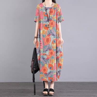 Women's Summer Loose Long Vintage Dresses Middle-aged Mom Short Sleeve Printed Round Neck Long Dresses