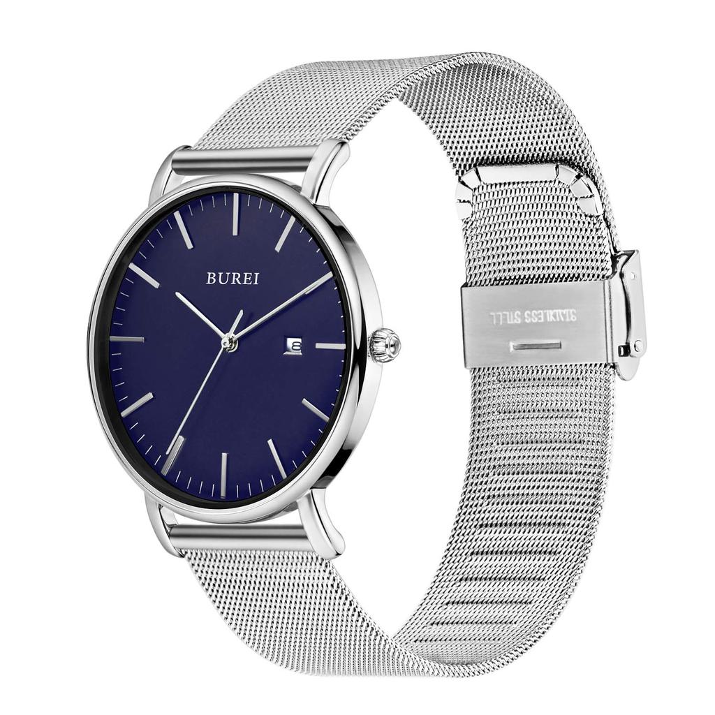 BUREI Men's Waterproof Analog Business Watch Milanese Mesh Band Stylish Date Blue Silver