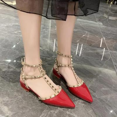 Ankle Strap Cut Out Studded Rockstud Patent Leather Rivet Flats T-Strap Buckle Walking Soft Women Shoes Travel Size 34-40