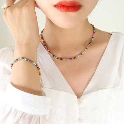 Renkli Doğal Taş Titanyum Çelik Boncuklu Kişiselleştirilmiş Aksesuarlar Bohem Etnik Stil Kolye Moda Bilezik Takı Seti