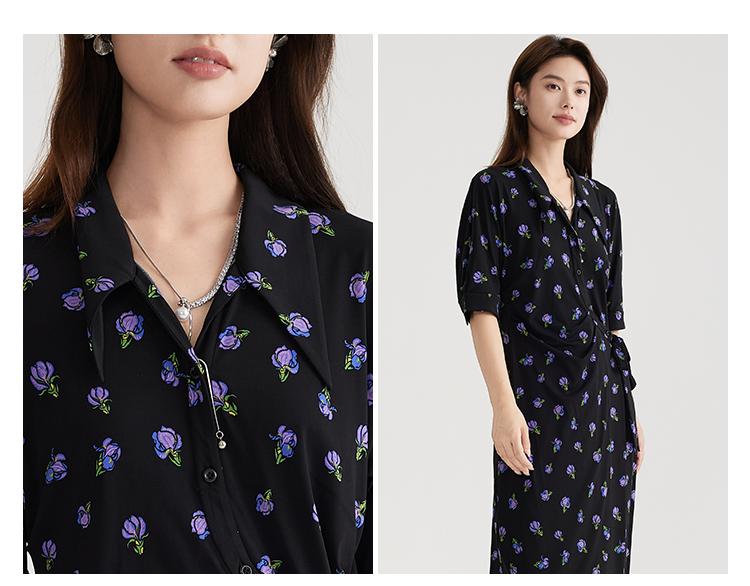 Ladies' Temperament Short-sleeved Dress 2025 Summer Floral Dress, High-end Feeling, Slim and Thin, Medium To Long Skirt