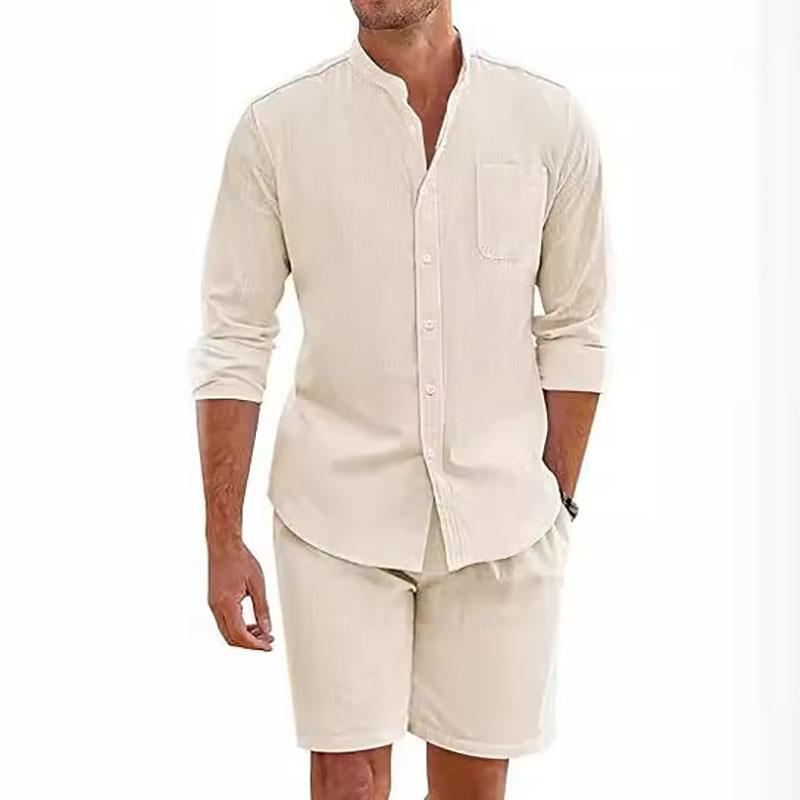 Daily Casual Breathable Cotton Linen Outfits Mens Vintage Stand Collar Button-up Shirts and Shorts Sets for Men Clothing Summer