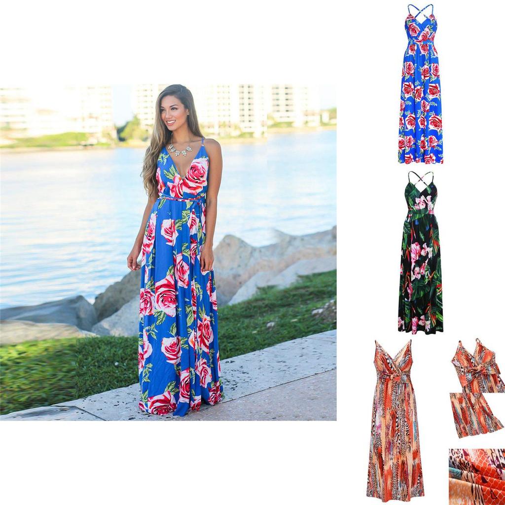 Elegant Women's Boho Long Maxi Dress With Floral Prints For Summer Parties And Beach Events