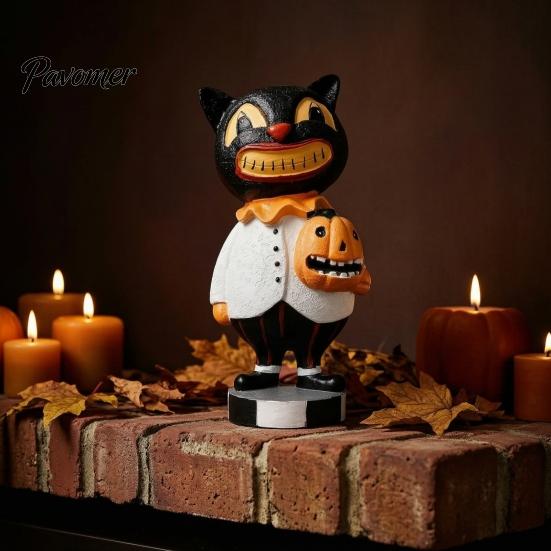 Statua di Gatto Dipinta a Mano Figure Nere, Ornamento Vintage di Halloween con Zucca, Piccola Decorazione per Davanzale Resina Retrò Decorazione da Tavolo