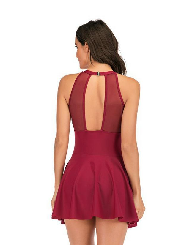 European-American Mesh Splice Backless One-Piece Skirted Bikini