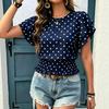 Women Polka Dot Print Round Neck Ruffled Short Sleeve Smocked Waist Casual T Shirt Top
