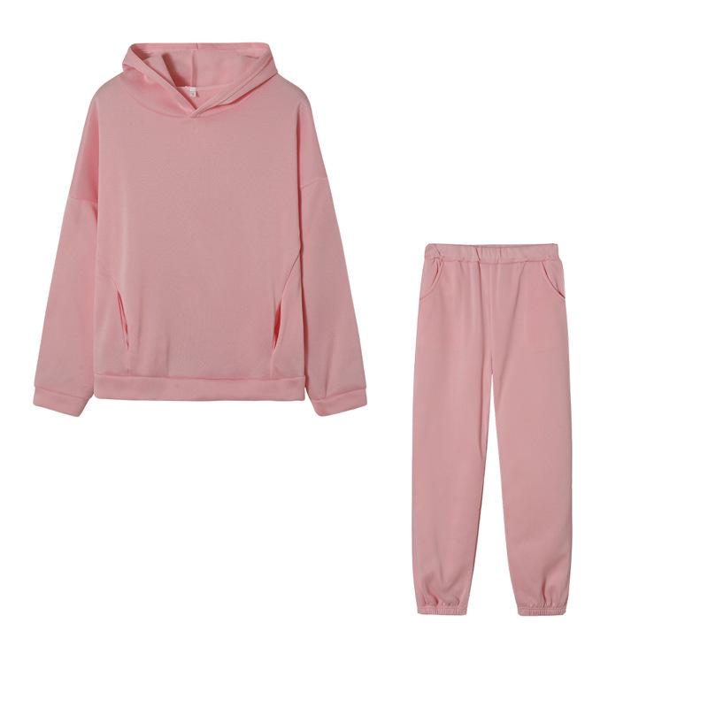 2024 Trendy Solid Color Hooded Sweatshirt & Casual Two-Piece Set for Autumn/Winter