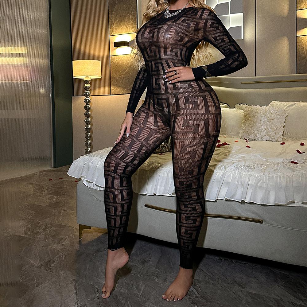 Sexy rückenfreies europäisches und amerikanisches Stil Dessous Versuchung Offener Schritt Transparentes einteiliges Netz-Bodysuit mit Löchern