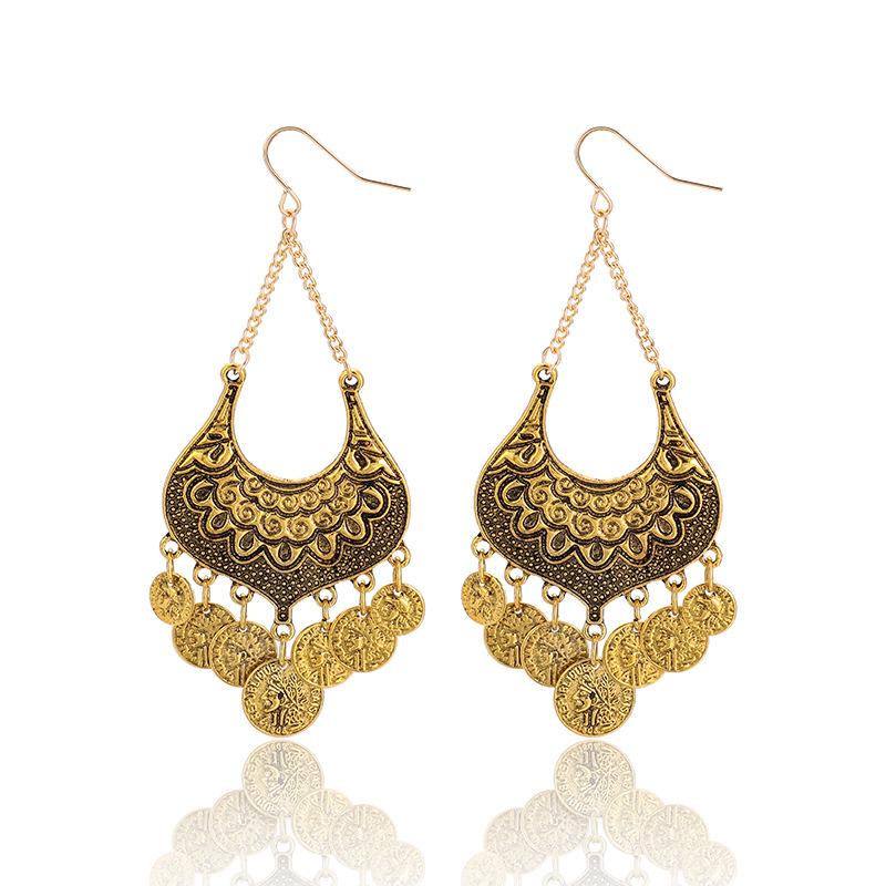 

Винтажные длинные серьги LUXY MOON в богемном этническом стиле с кисточками из сплава и тотемом золотой