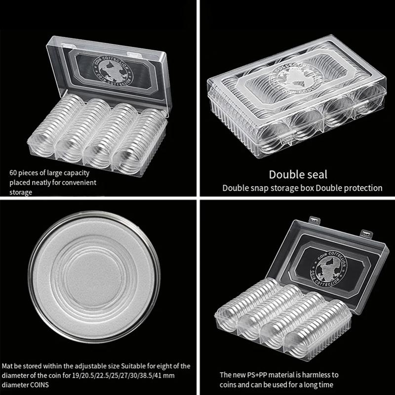 60Pcs/Set Double Buckle Design Round Coin Collection Holder Containers Capsule Professional PS Transparent Coin Storage Box