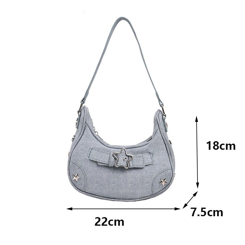 Women Shoulder Handbag Vintage Casual Hobos Denim Star Decor Solid Color Underarm Bag for Girls Ladies Purse Tote