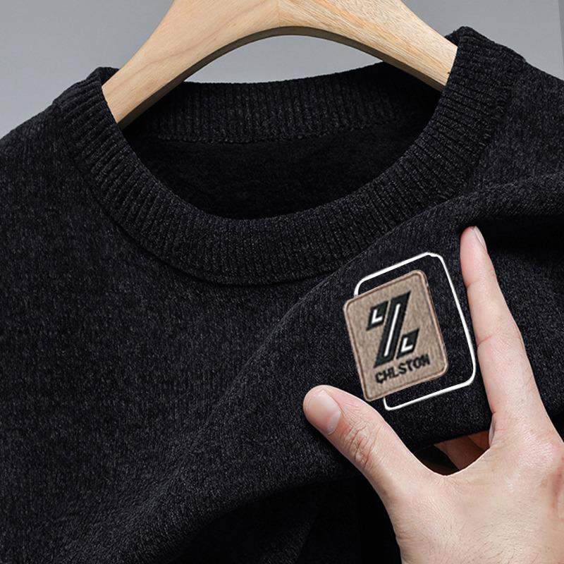 Men's Plus Velvet Thickened Round Neck Chenille Sweater - Solid Color, Loose Fit, Warm Knit Pullover
