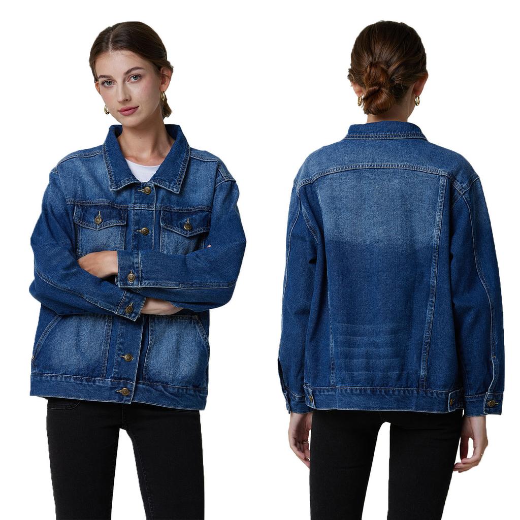 Frühling und Herbst Hohe Taille Mittellange Lose Langarm Jeansjacke Damenjacke